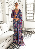 Monjolika Fashion Navy Blue Colour Satin Crepe Printed Lightwear Sarees | Grocsy