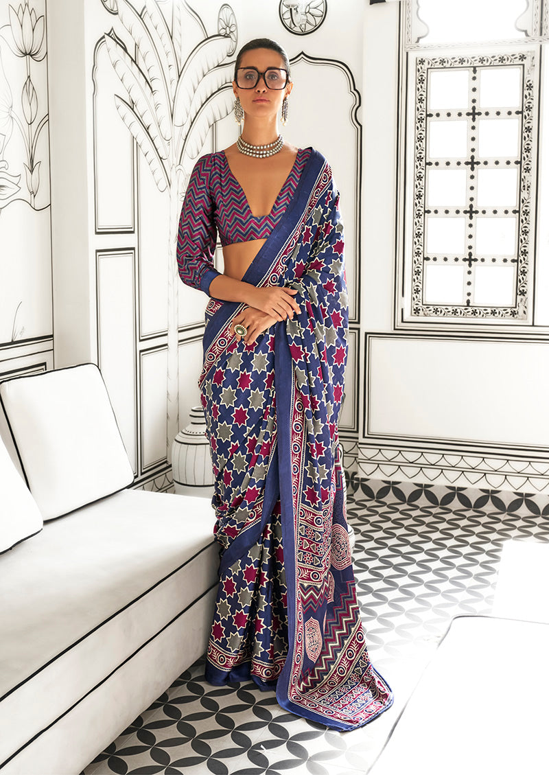 Monjolika Fashion Navy Blue Colour Satin Crepe Printed Lightwear Sarees | Grocsy