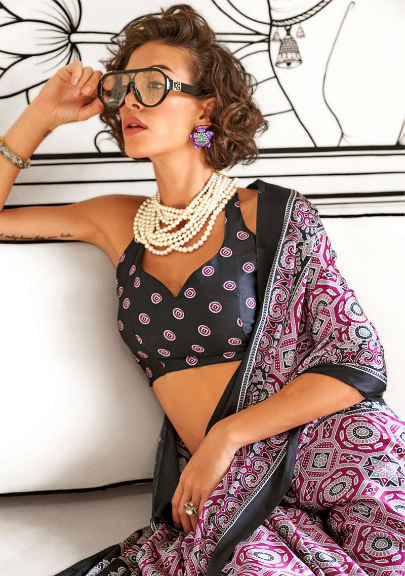 Monjolika Fashion Wine Colour Satin Crepe Printed Lightwear Sarees | Grocsy