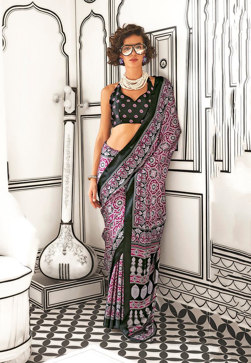 Monjolika Fashion Wine Colour Satin Crepe Printed Lightwear Sarees | Grocsy