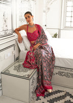 Monjolika Fashion Black & Maroon Colour Satin Crepe Printed Lightwear Sarees | Grocsy