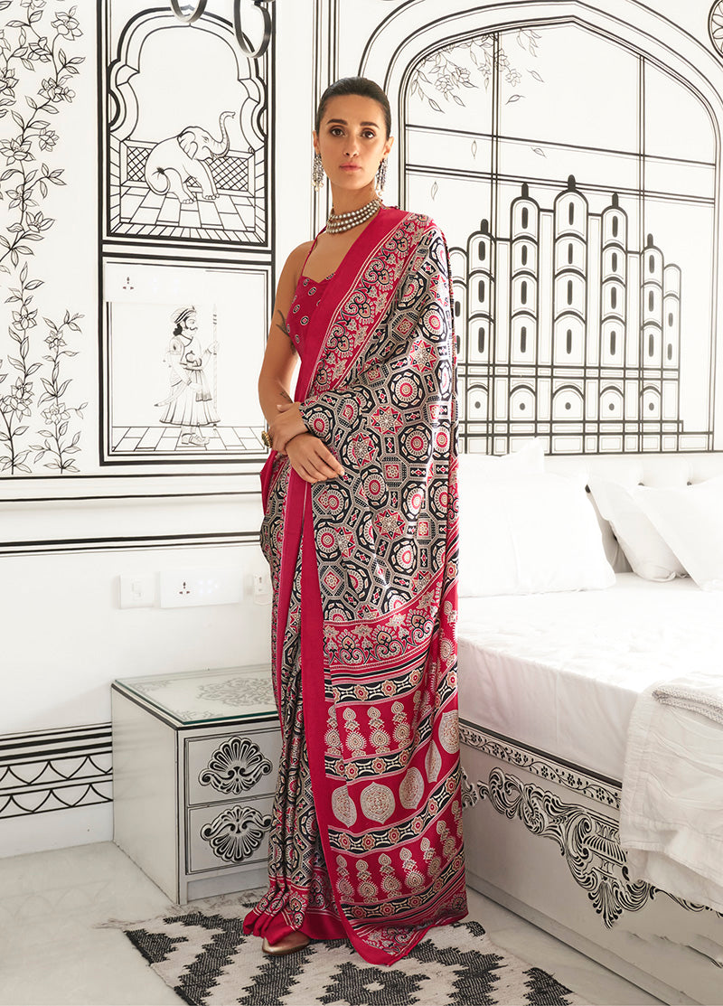 Monjolika Fashion Black & Maroon Colour Satin Crepe Printed Lightwear Sarees | Grocsy
