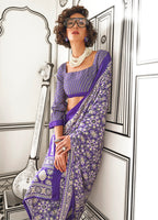 Monjolika Fashion Royal Blue Colour Satin Crepe Printed Lightwear Sarees | Grocsy