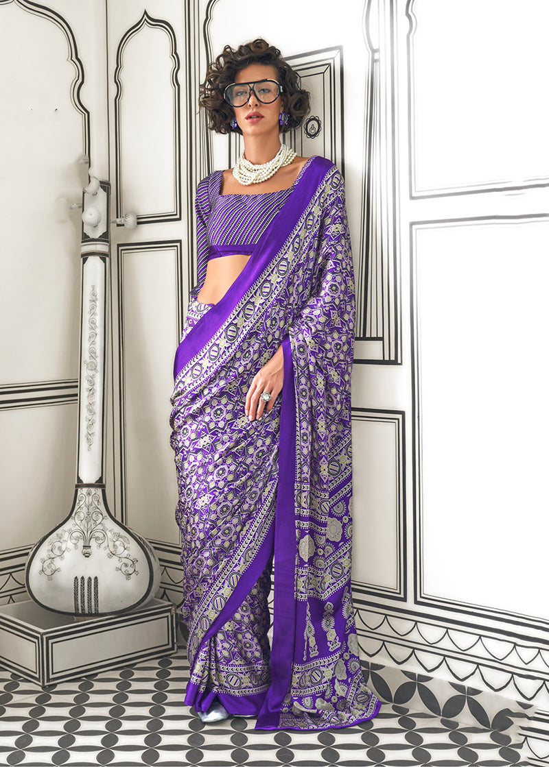 Monjolika Fashion Royal Blue Colour Satin Crepe Printed Lightwear Sarees | Grocsy
