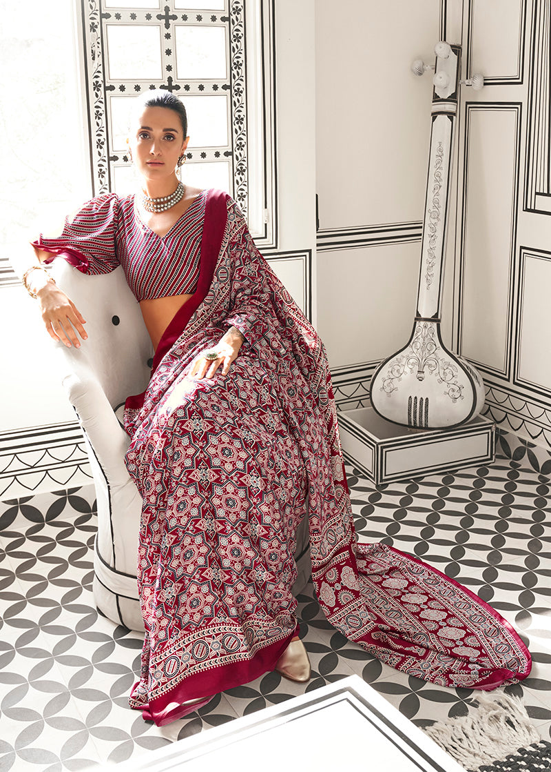 Monjolika Fashion Wine Colour Satin Crepe Printed Lightwear Sarees | Grocsy