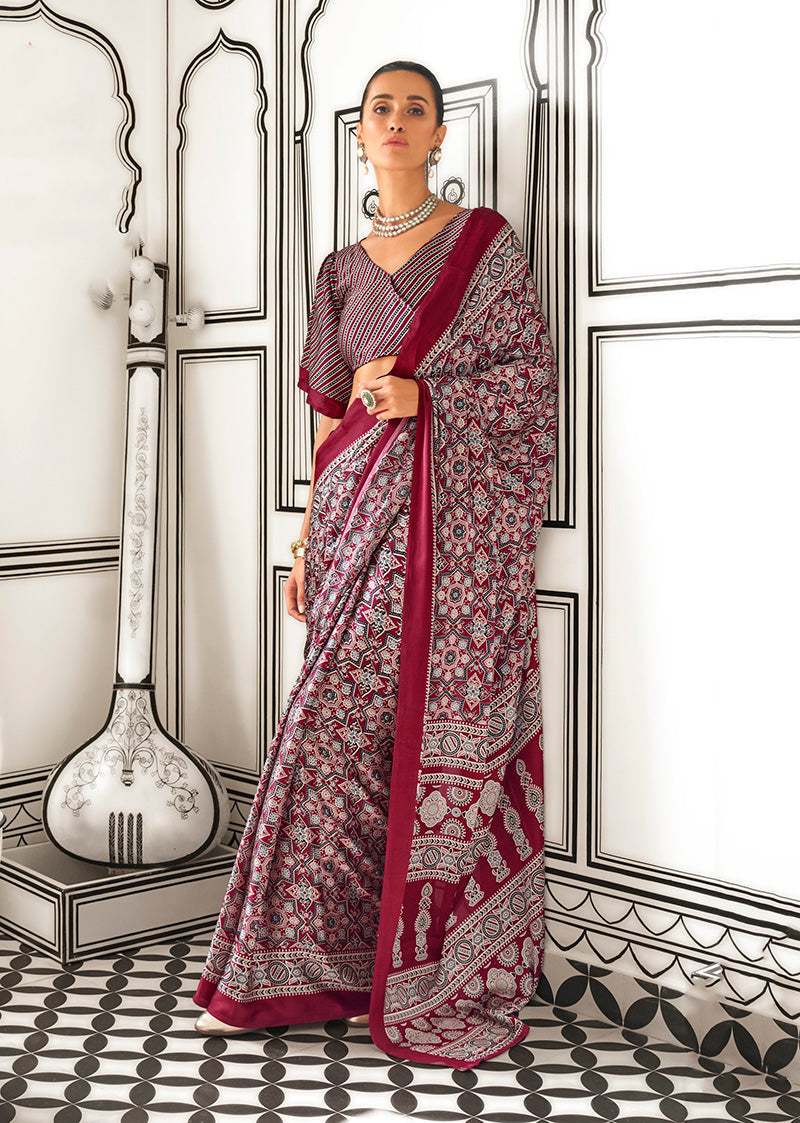Monjolika Fashion Wine Colour Satin Crepe Printed Lightwear Sarees | Grocsy