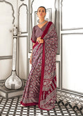 Monjolika Fashion Wine Colour Satin Crepe Printed Lightwear Sarees | Grocsy