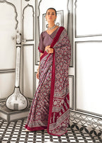 Monjolika Fashion Wine Colour Satin Crepe Printed Lightwear Sarees | Grocsy