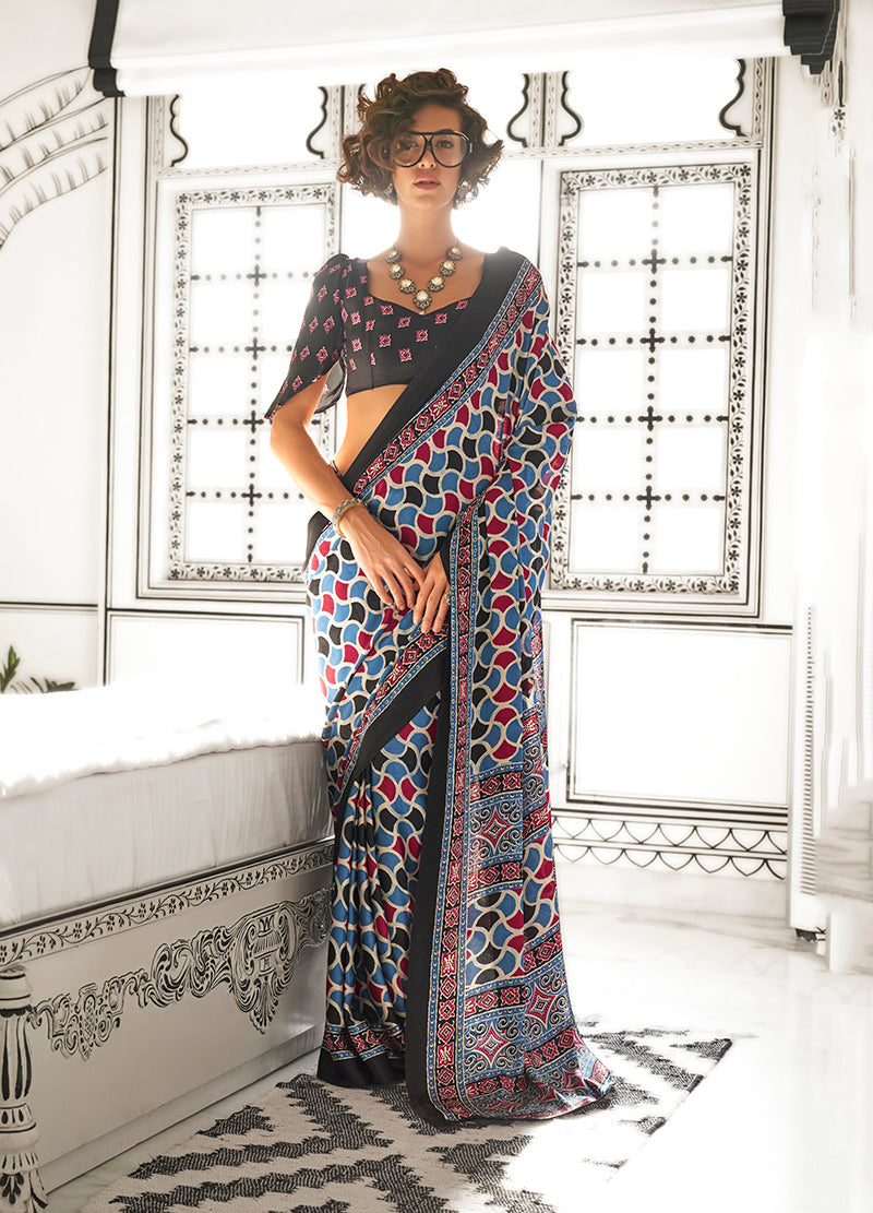 Monjolika Fashion Multi Colour Satin Crepe Printed Lightwear Sarees | Grocsy