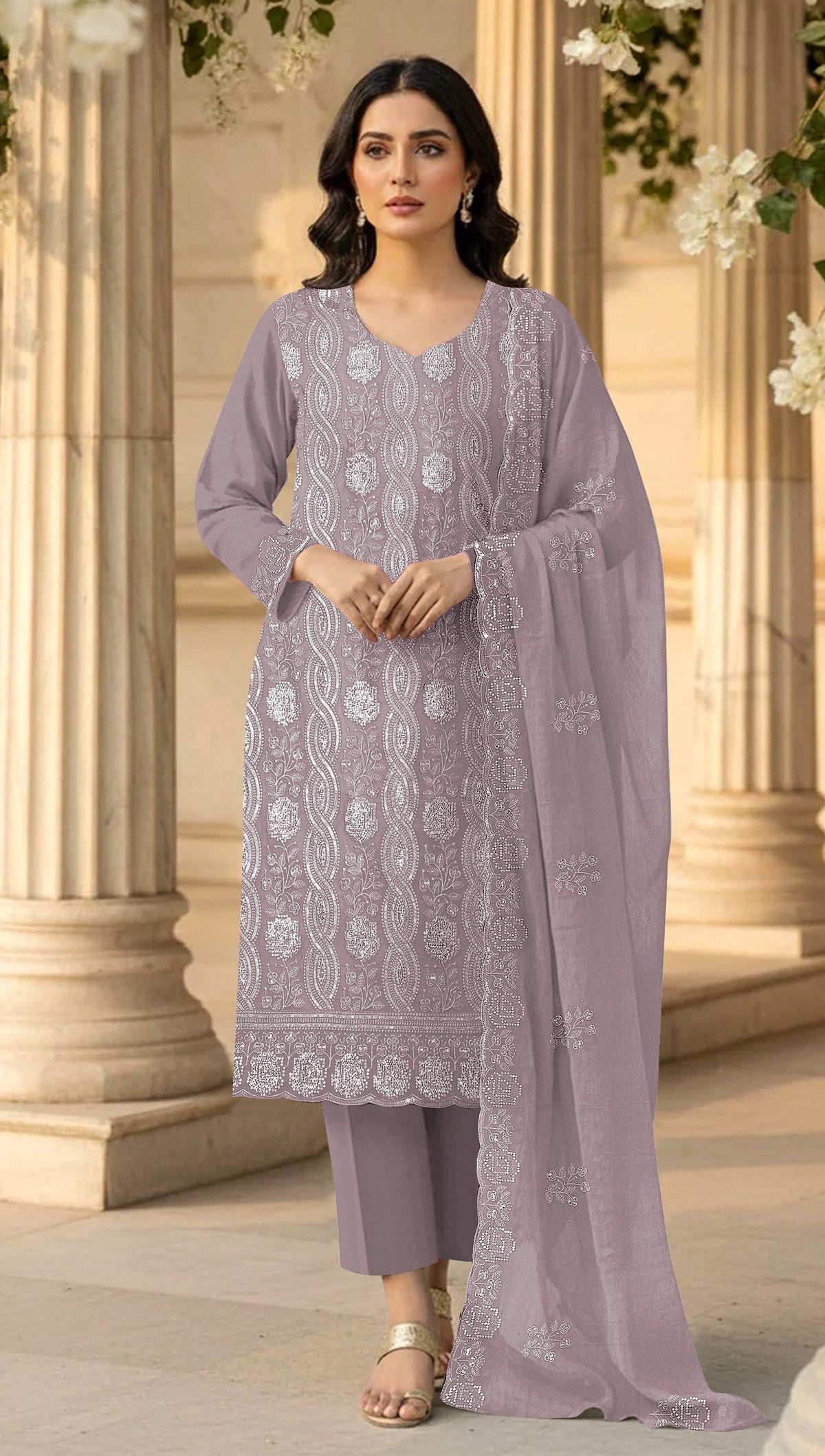 Anaita Lavender Faux Georgette Suit With Embroidery & Sequence Work | Grocsy