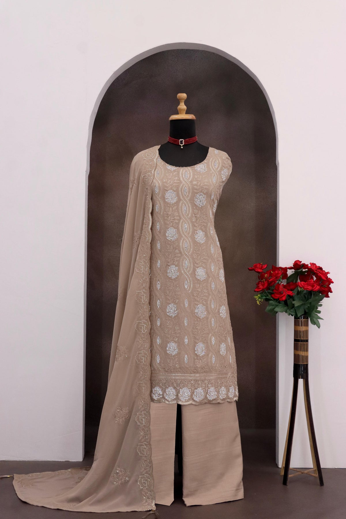 Anaita Chiku Faux Georgette Suit With Embroidery & Sequence Work | Grocsy