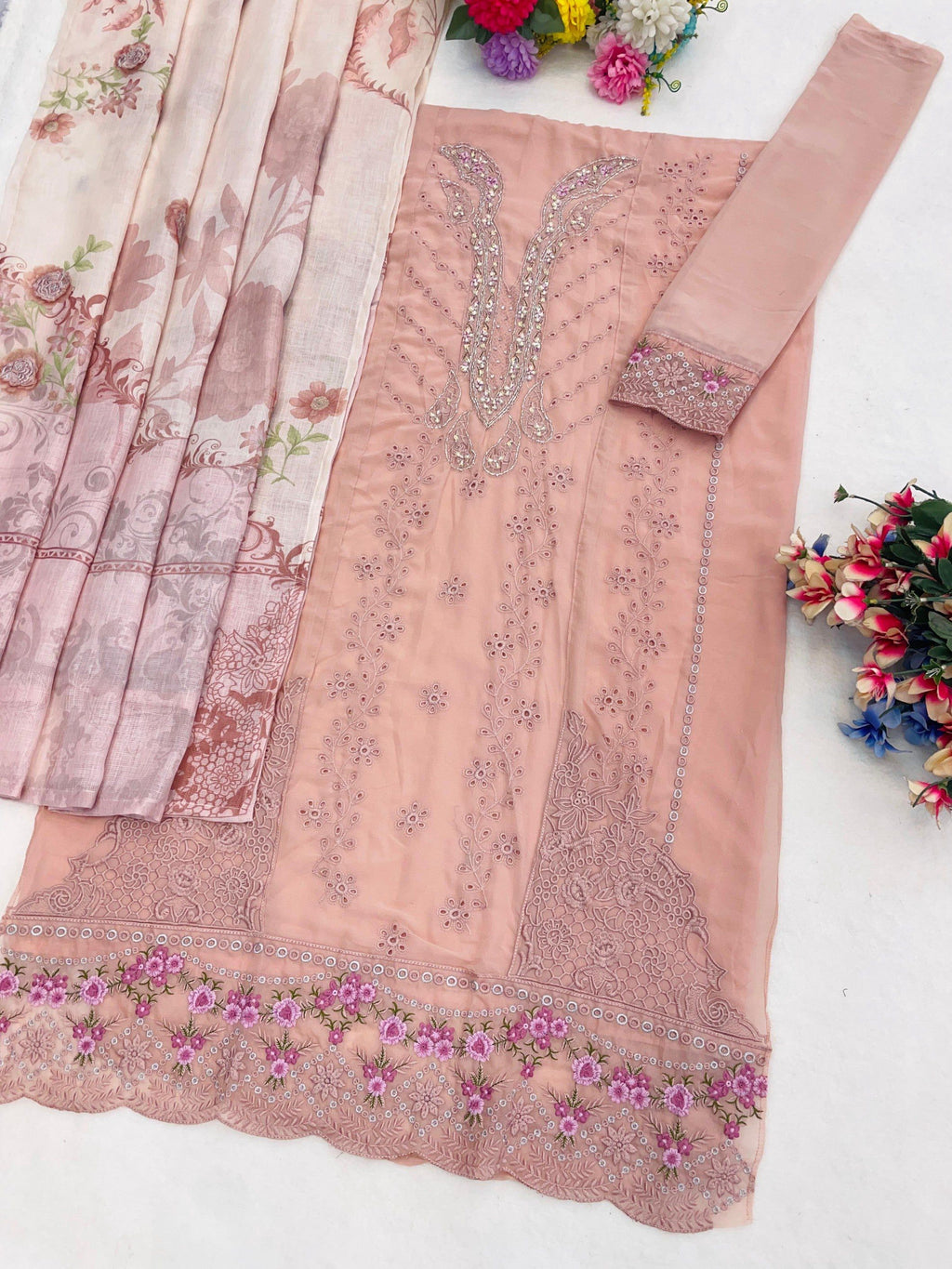 Anaita Pink Faux Georgette Suit With Embroidery Work | Grocsy