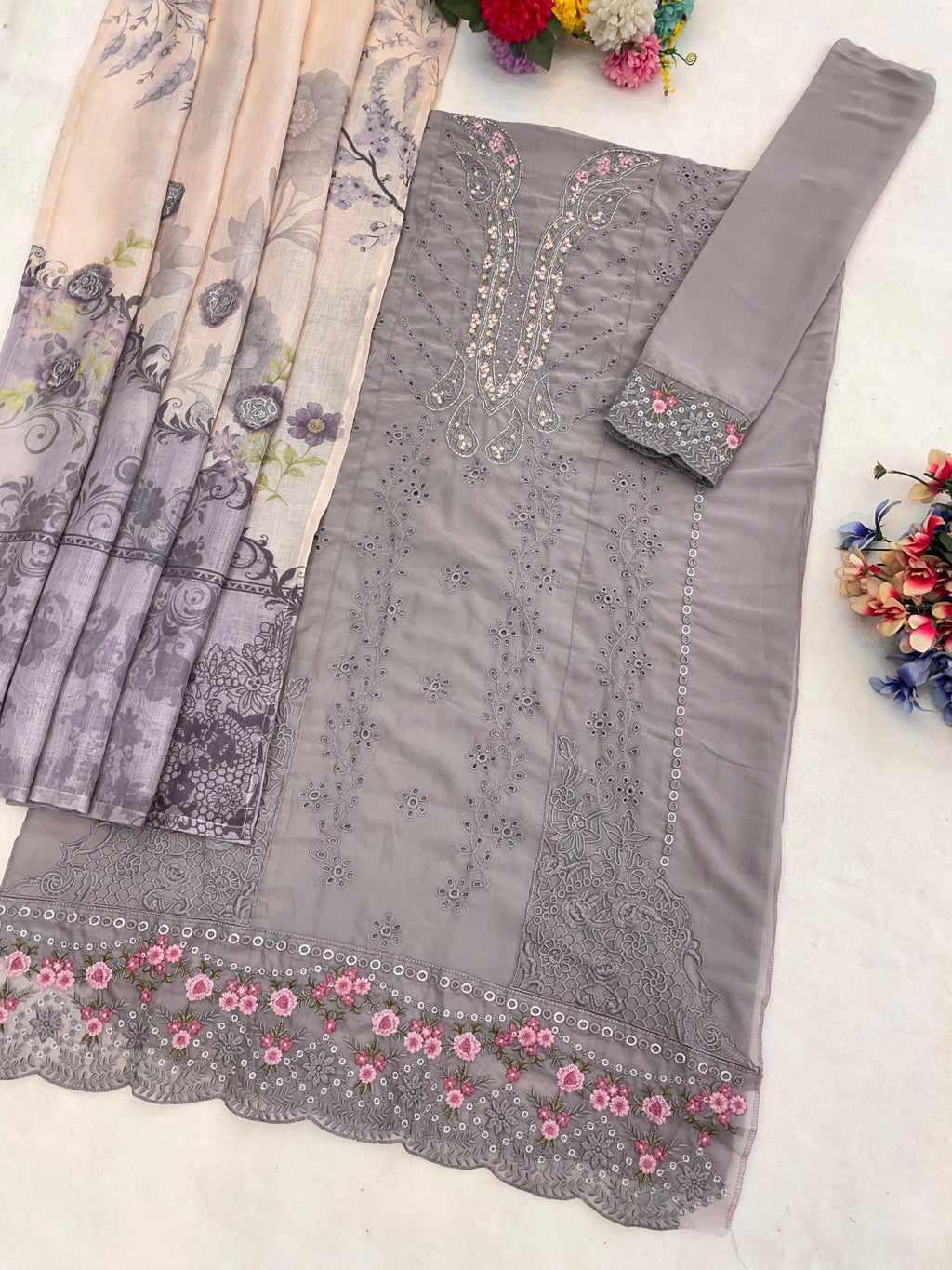 Anaita Grey Faux Georgette Suit With Embroidery Work | Grocsy