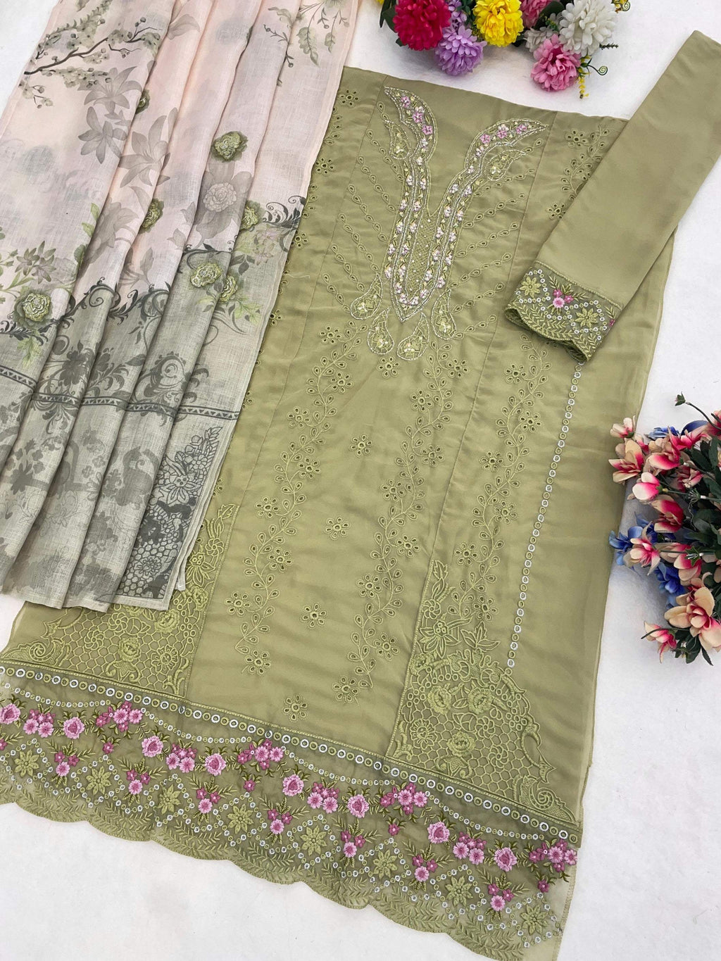 Anaita Mehndi Faux Georgette Suit With Embroidery Work | Grocsy