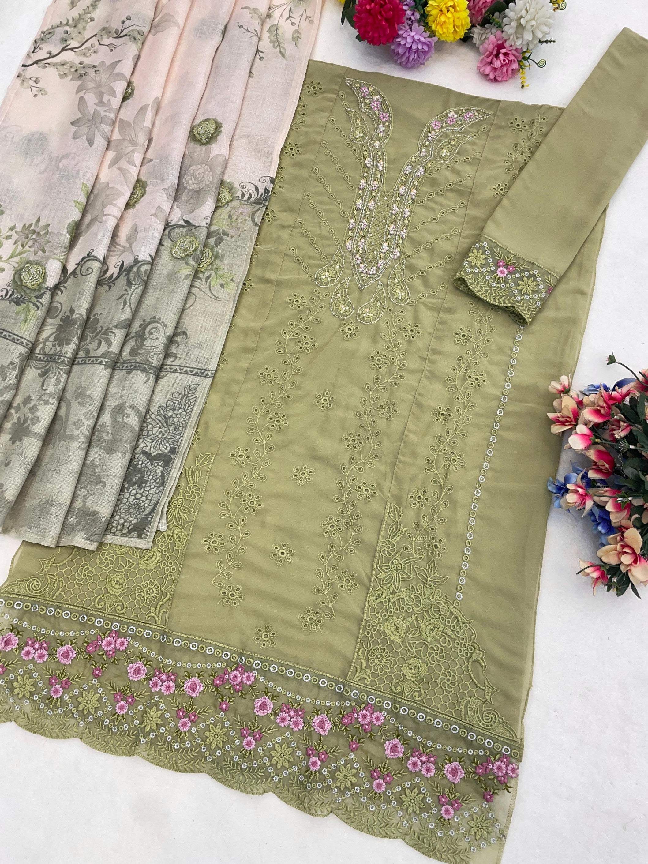 Anaita Mehndi Faux Georgette Suit With Embroidery Work | Grocsy