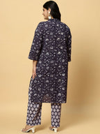 Sztori Plus Size Floral Printed Pure Cotton Straight Kurta with Trousers | Grocsy