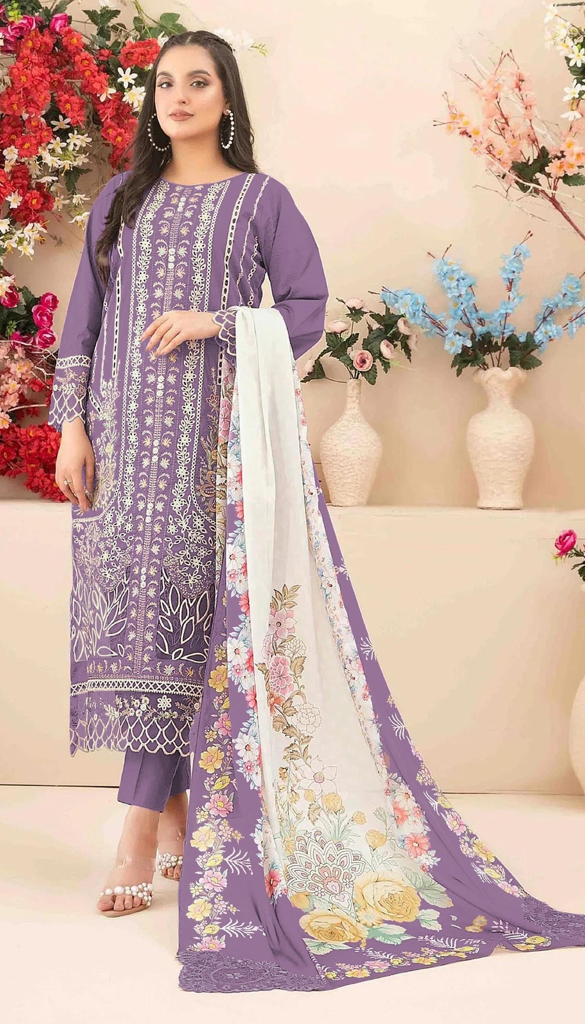 Anaita Purple Cambric Cotton Suit with Embroidery & Khatli Work | Grocsy