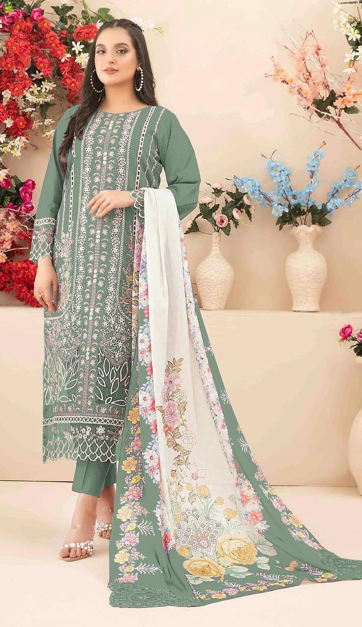Anaita Sea Green Cambric Cotton Suit with Embroidery & Khatli Work | Grocsy