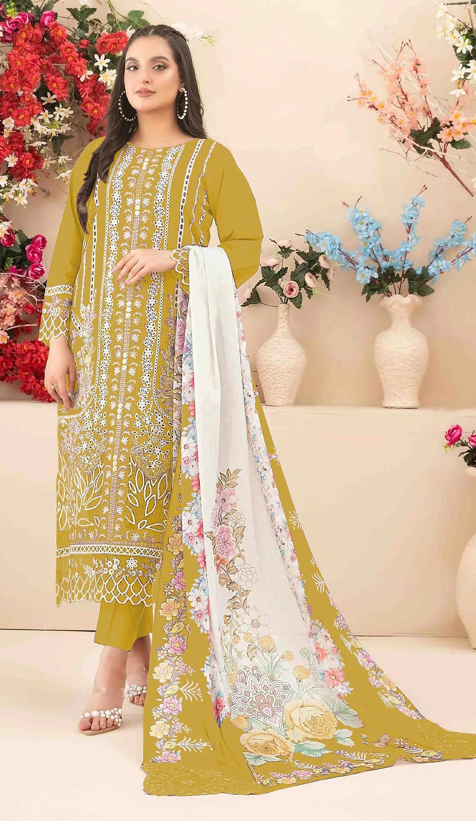 Anaita Yellow Cambric Cotton Suit with Embroidery & Khatli Work | Grocsy