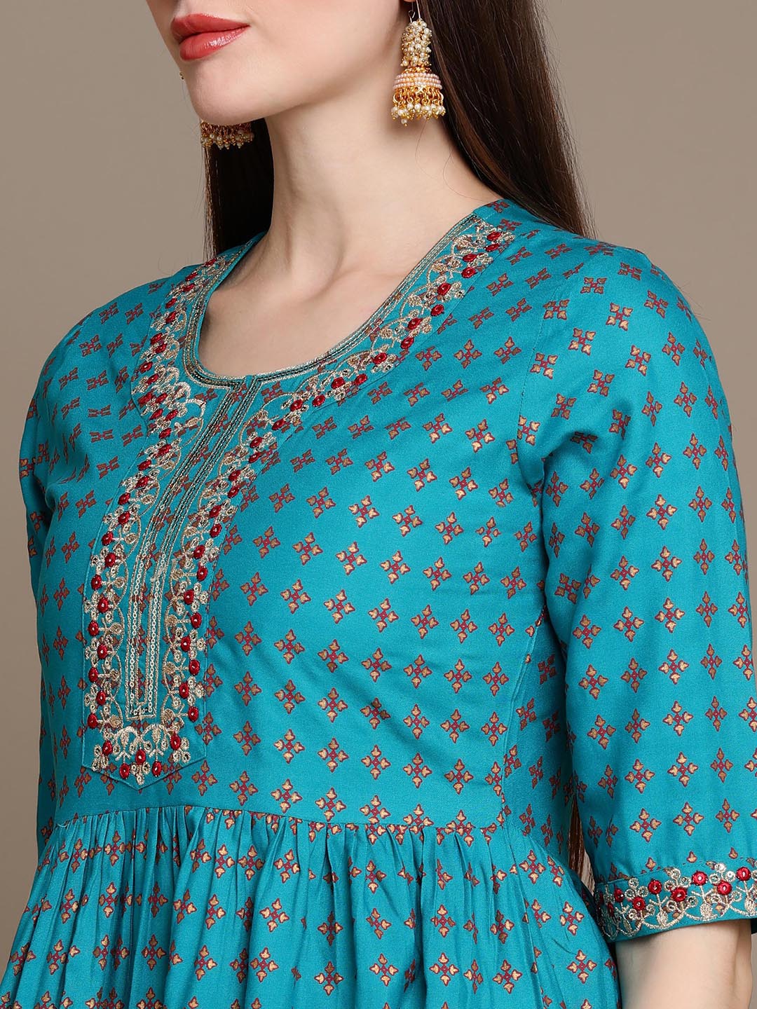 HERE&NOW Ethnic Motifs Embroidered Thread Work & Sequinned High-Low Kurti with Trousers | Grocsy