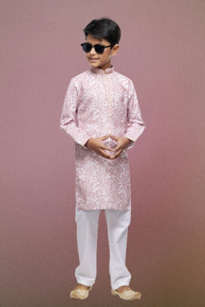 Raivat Ethnic Cotton Thread Work Kids Kurta Pajama In Pink Colour | Grocsy