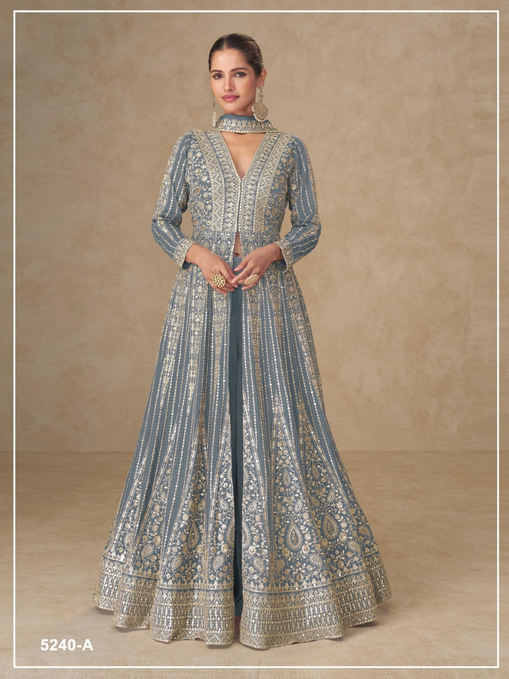 Anaita Grey Chinon Stitched Anarkali Suits With Embroidery & Sequence Work | Grocsy