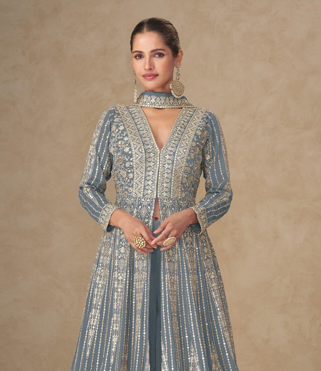 Anaita Grey Chinon Stitched Anarkali Suits With Embroidery & Sequence Work | Grocsy