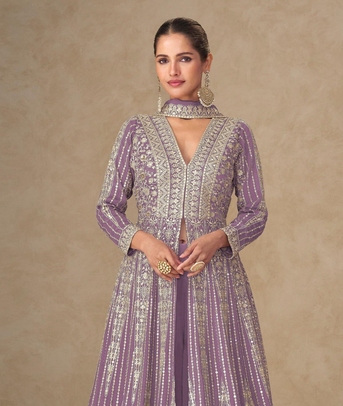 Anaita Lavender Chinon Stitched Anarkali Suits With Embroidery & Sequence Work | Grocsy