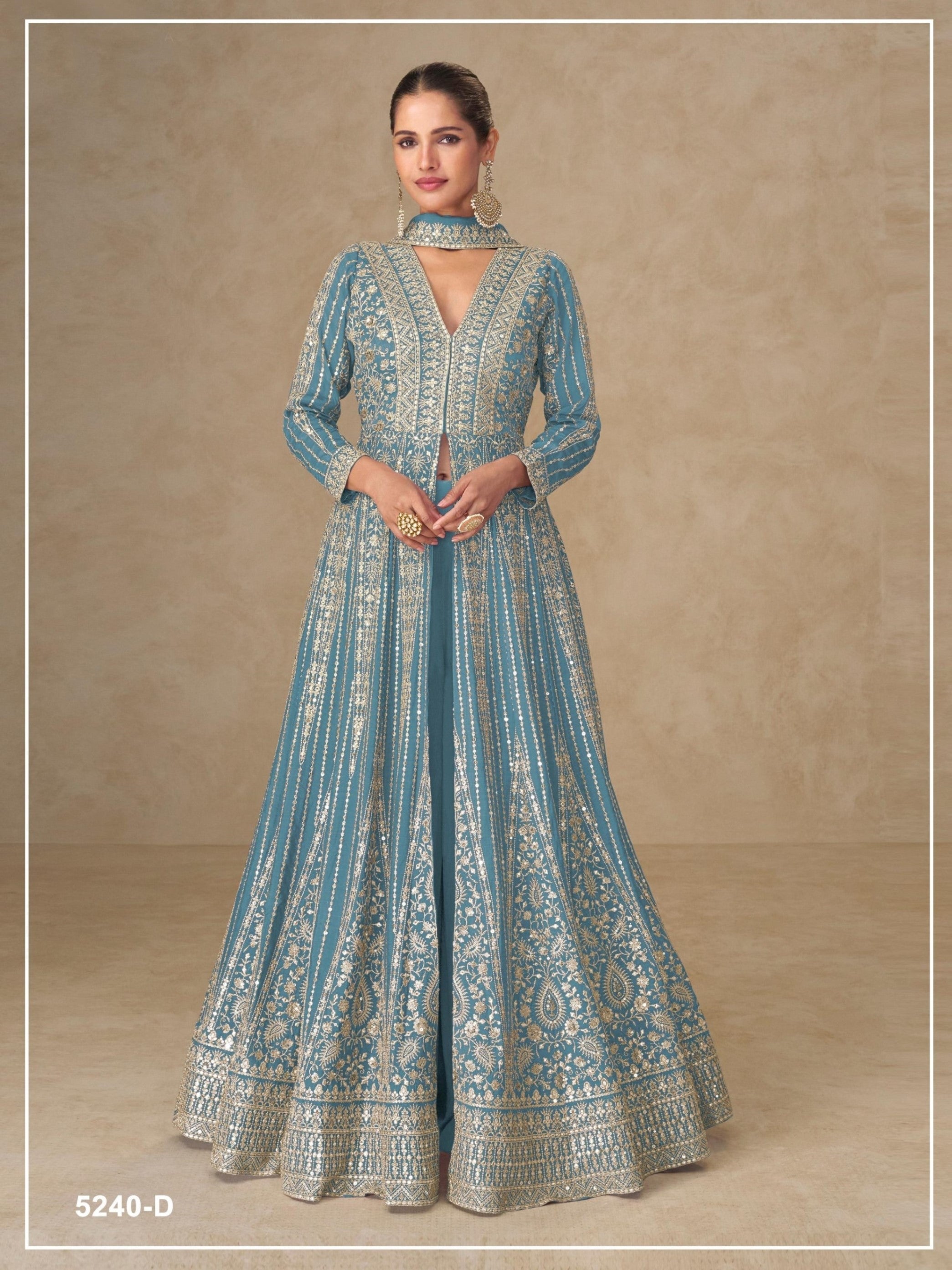 Anaita Blue Chinon Stitched Anarkali Suits With Embroidery & Sequence Work | Grocsy