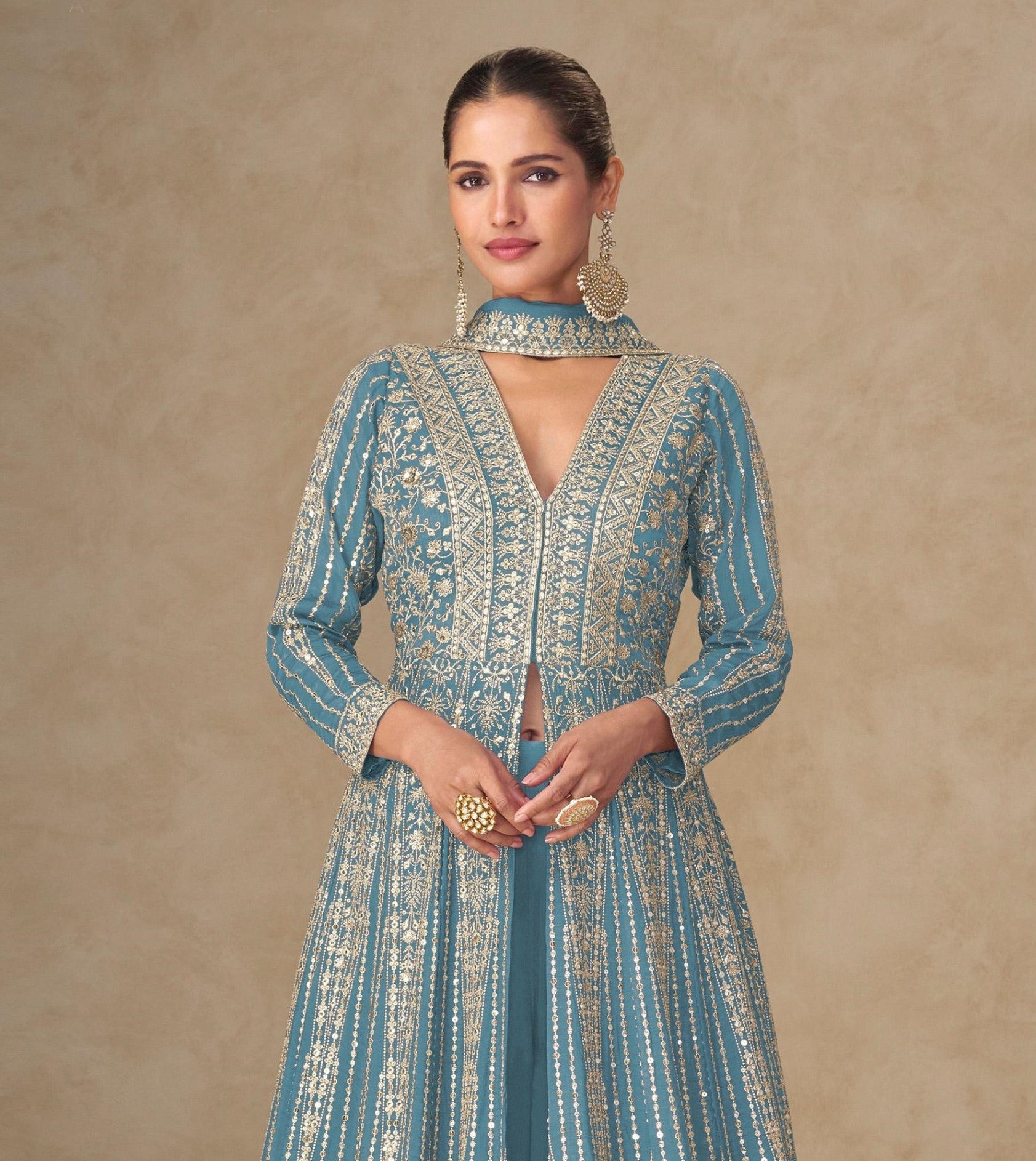 Anaita Blue Chinon Stitched Anarkali Suits With Embroidery & Sequence Work | Grocsy