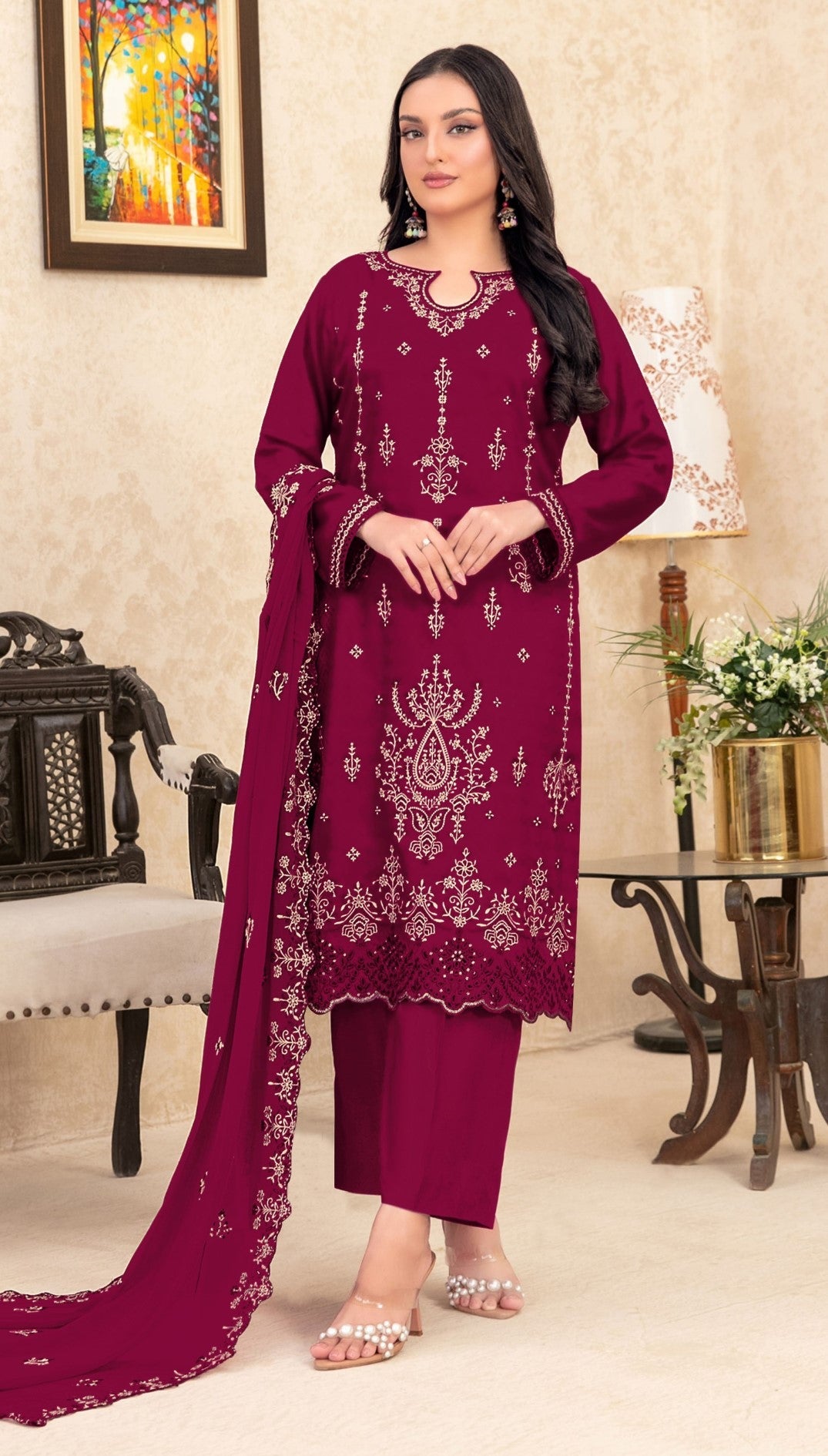 Anaita Red Velvet Suit With Embroidery Sequence Work | Grocsy