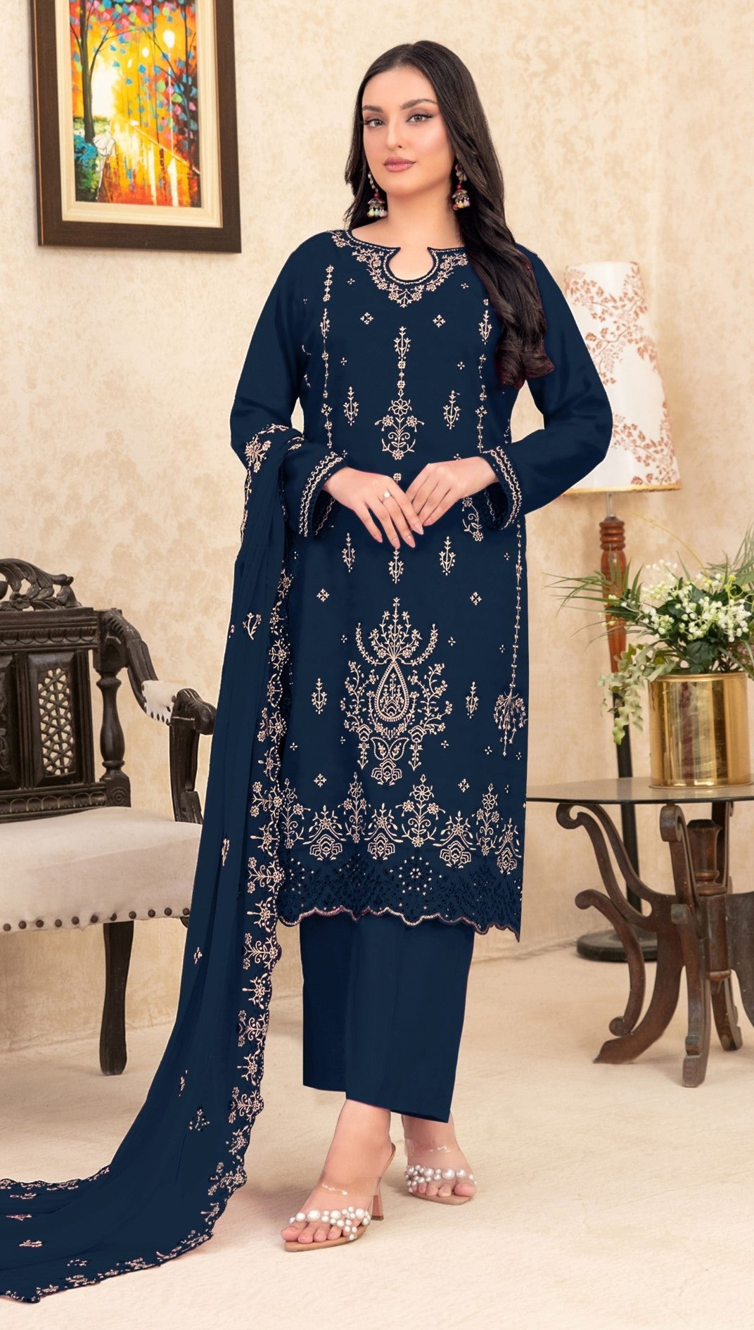Anaita Navy Blue Velvet Suit With Embroidery Sequence Work | Grocsy