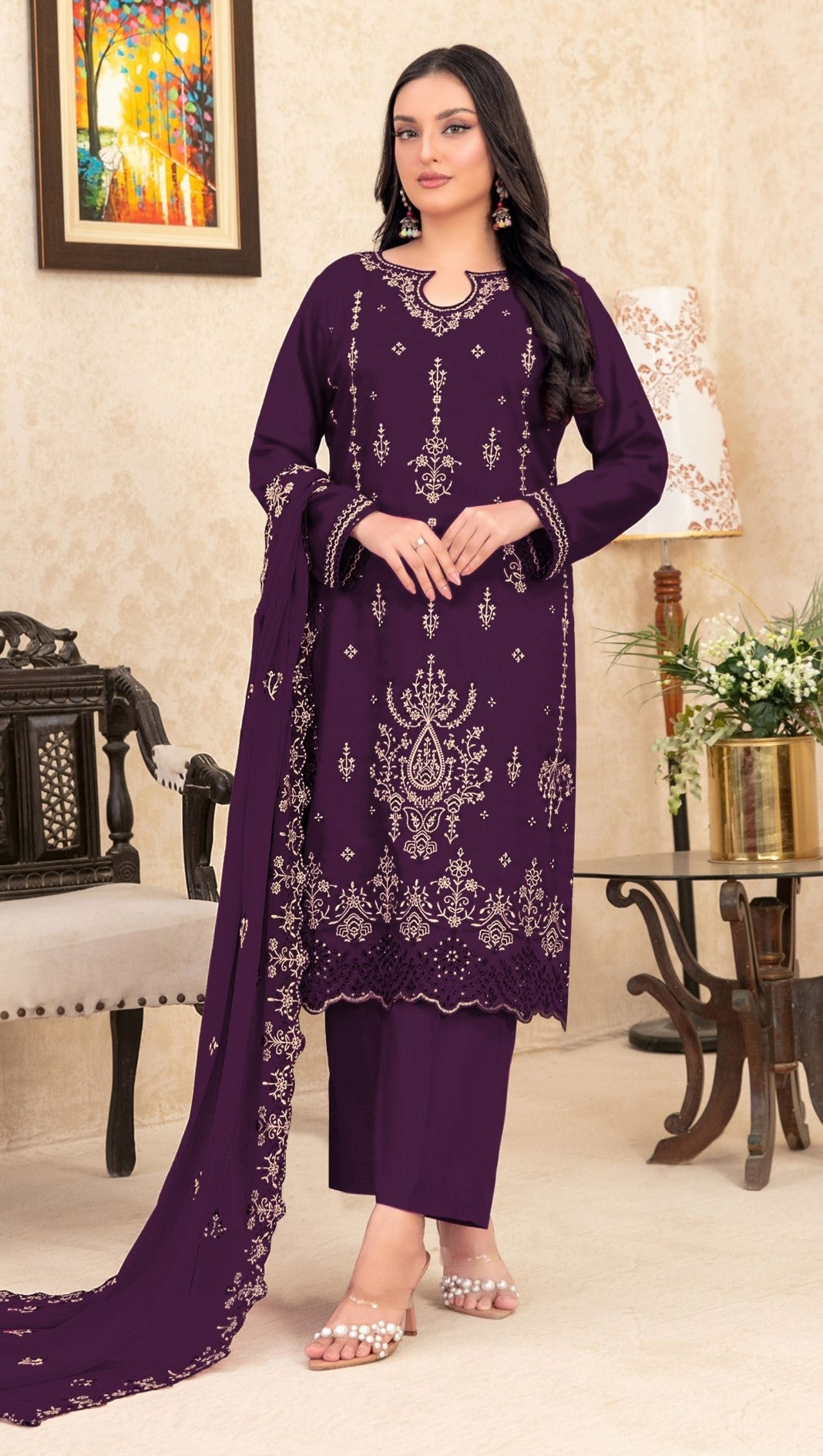 Anaita Purple Velvet Suit With Embroidery Sequence Work | Grocsy