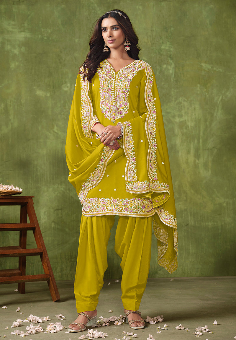 Monjolika Fashion Pear Color Embroidered Santoon Chanderi Silk Salwar Suit | Grocsy