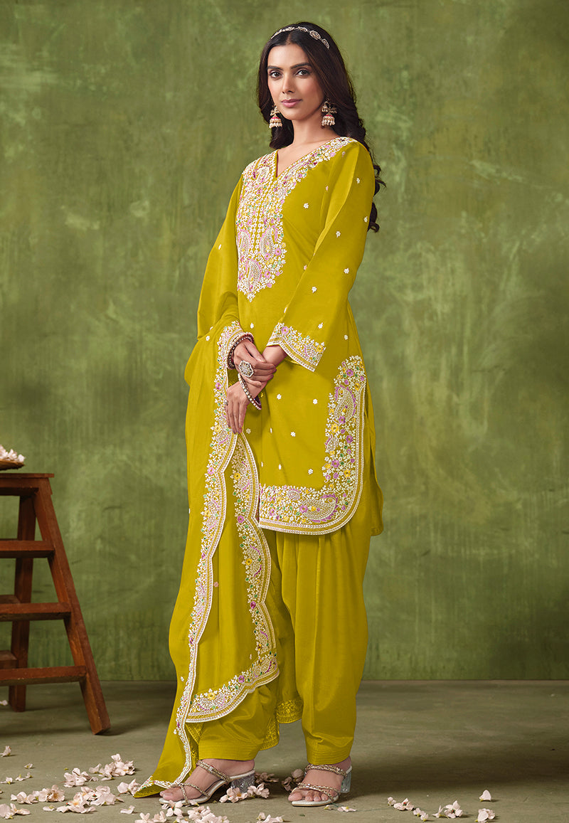 Monjolika Fashion Pear Color Embroidered Santoon Chanderi Silk Salwar Suit | Grocsy