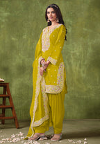 Monjolika Fashion Pear Color Embroidered Santoon Chanderi Silk Salwar Suit | Grocsy