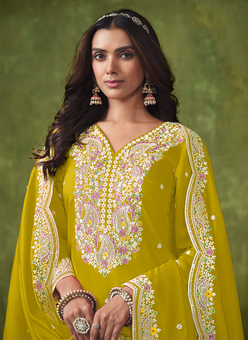 Monjolika Fashion Pear Color Embroidered Santoon Chanderi Silk Salwar Suit | Grocsy