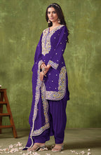 Monjolika Fashion Violet Color Embroidered Santoon Chanderi Silk Salwar Suit | Grocsy
