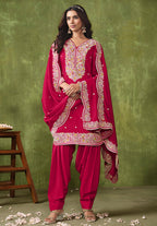Monjolika Fashion Hot-Pink Color Embroidered Santoon Chanderi Silk Salwar Suit | Grocsy