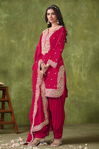 Monjolika Fashion Hot-Pink Color Embroidered Santoon Chanderi Silk Salwar Suit | Grocsy