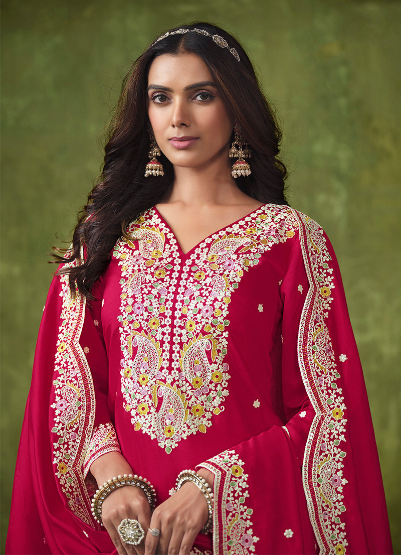 Monjolika Fashion Hot-Pink Color Embroidered Santoon Chanderi Silk Salwar Suit | Grocsy
