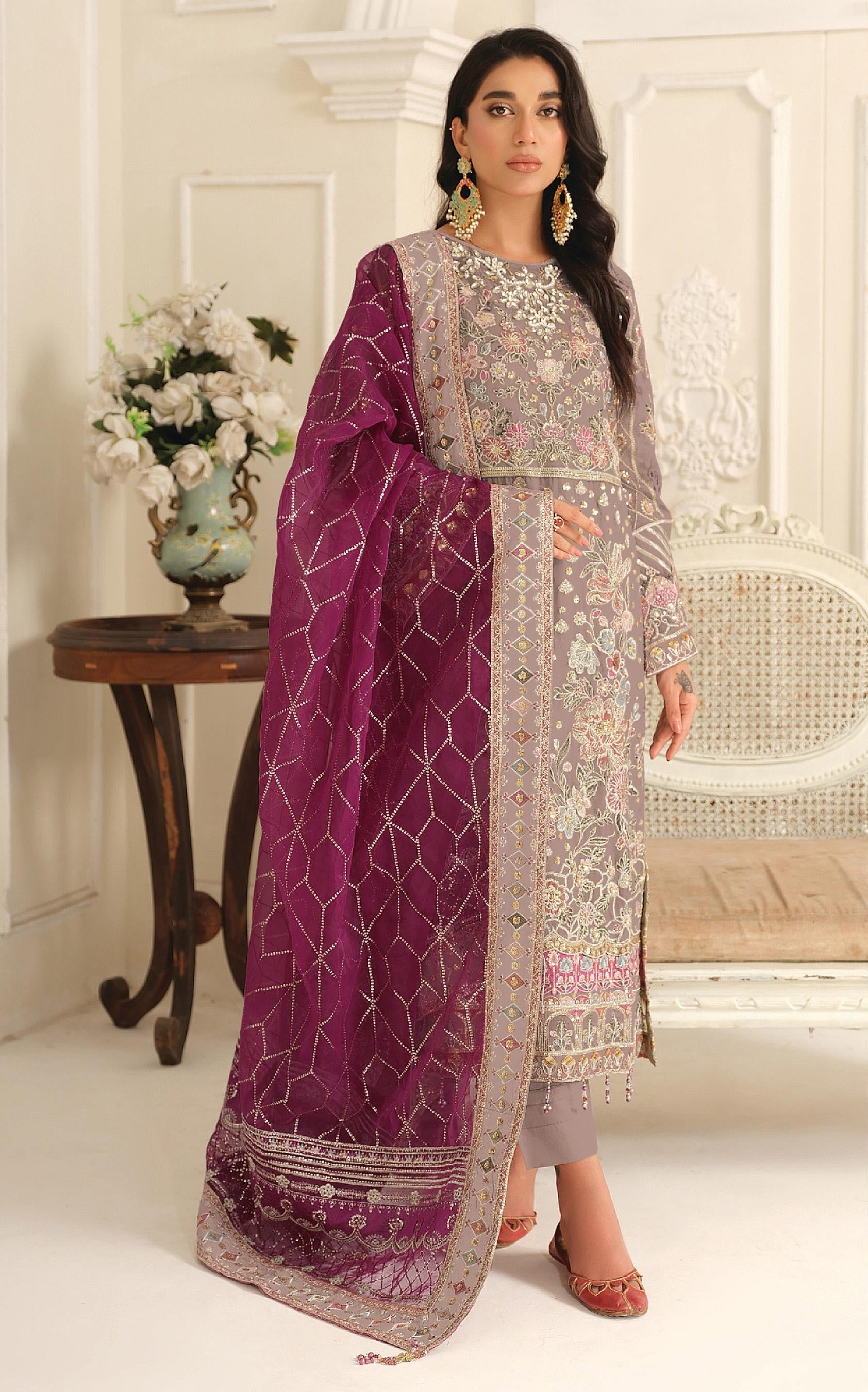 Anaita Brown Chiffon Suit with Embroidery & Sequence Work | Grocsy
