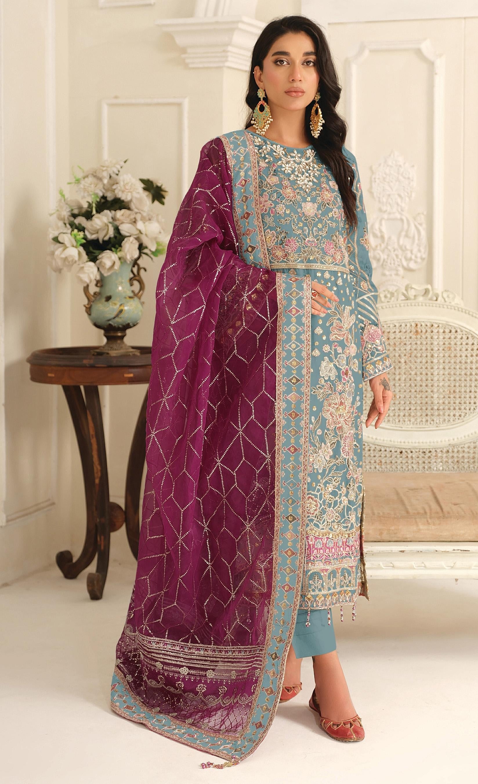Anaita Blue Chiffon Suit with Embroidery & Sequence Work | Grocsy