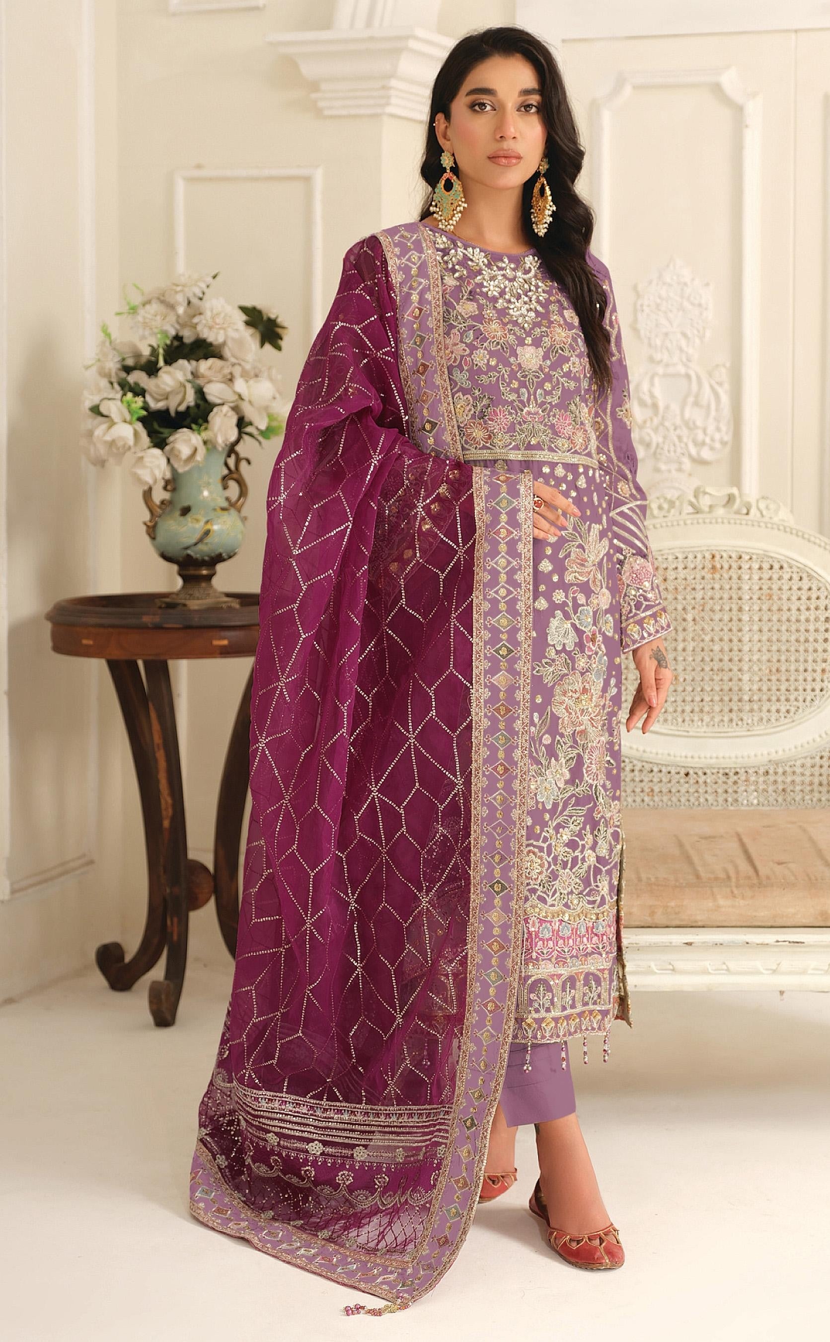 Anaita Purple Chiffon Suit with Embroidery & Sequence Work | Grocsy