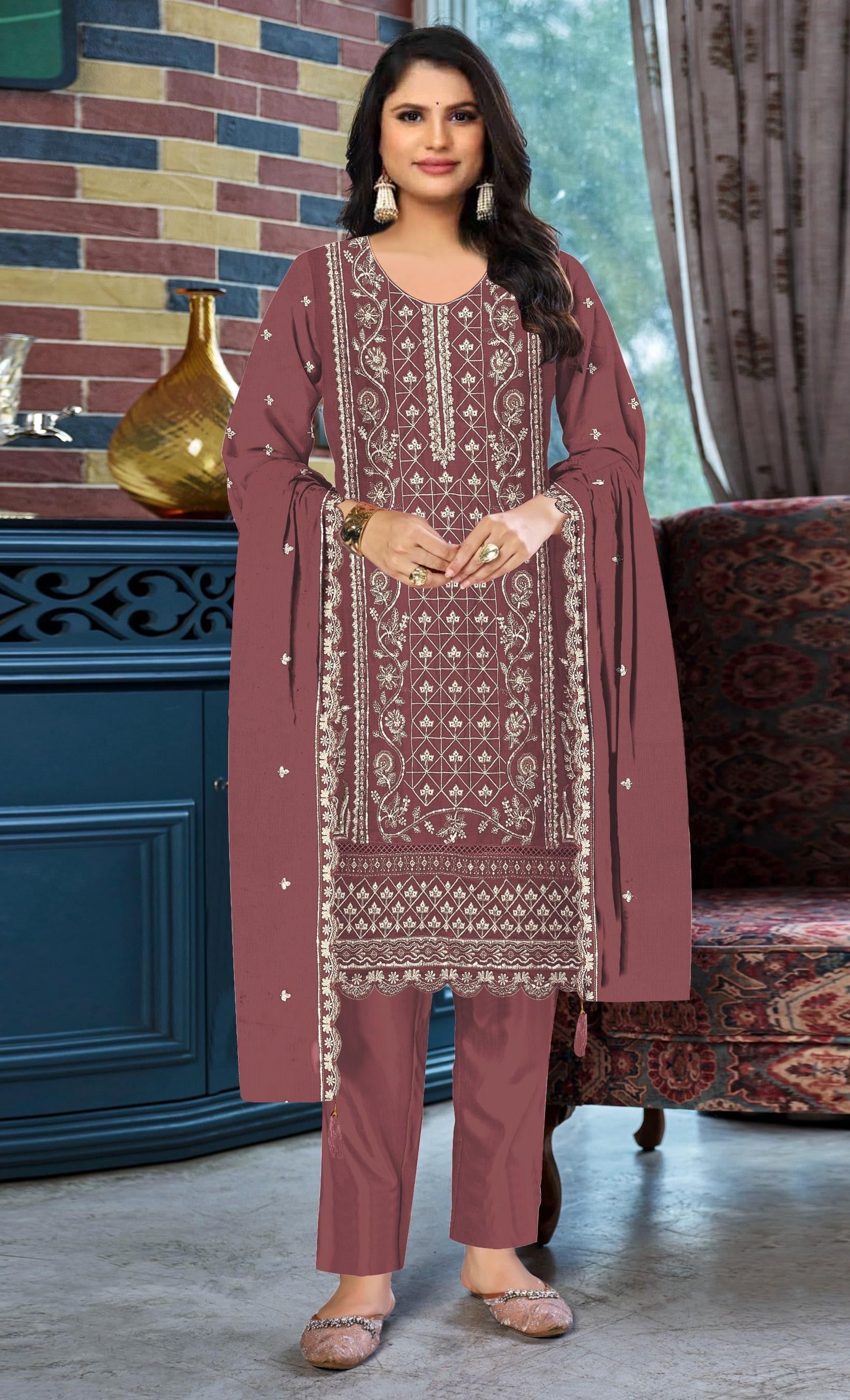 Anaita Peach Chiffon Suit with Embroidered & Sequence Work | Grocsy