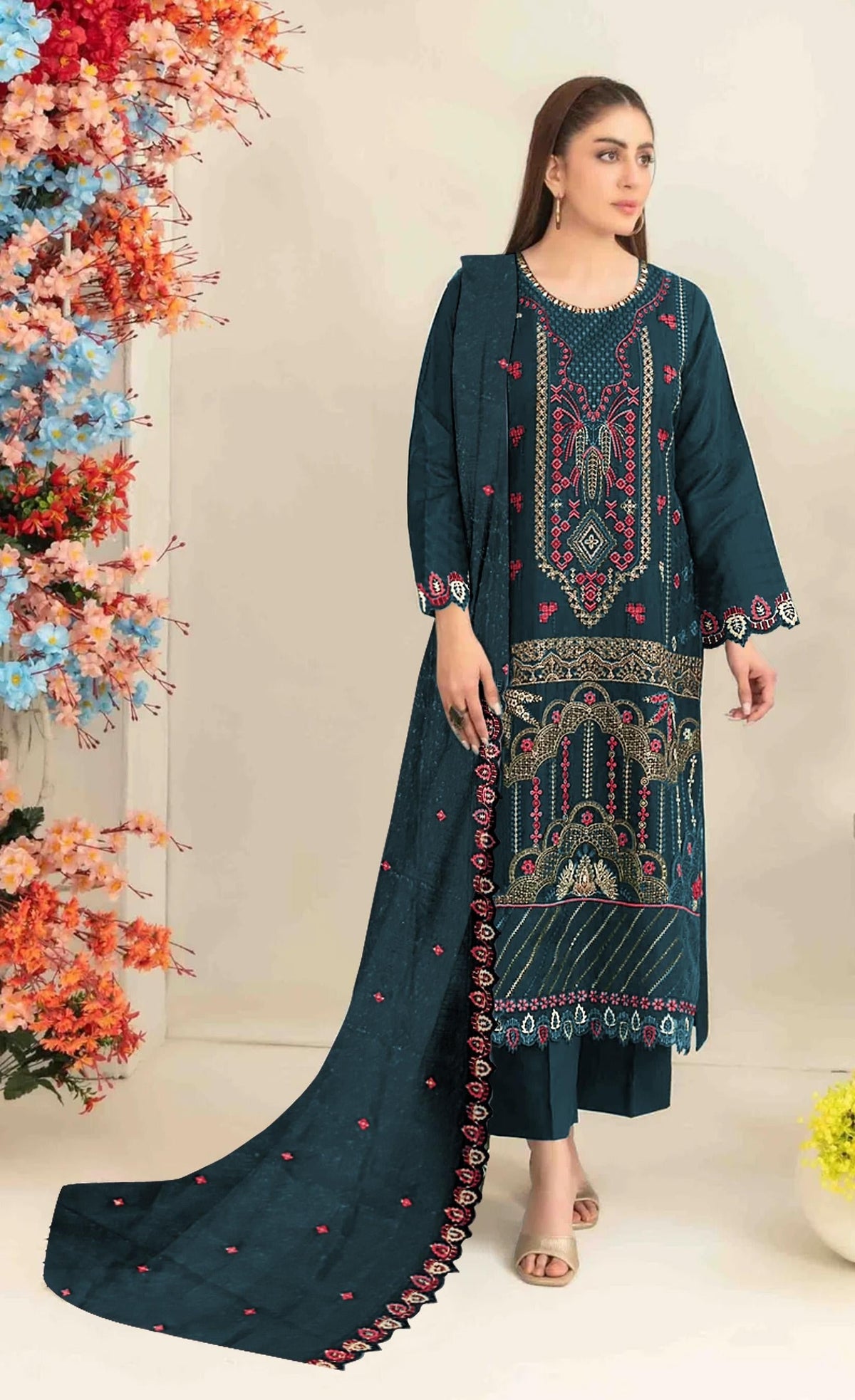 Anaita Teal Silk Suit with Embroidered & Sequence Work | Grocsy