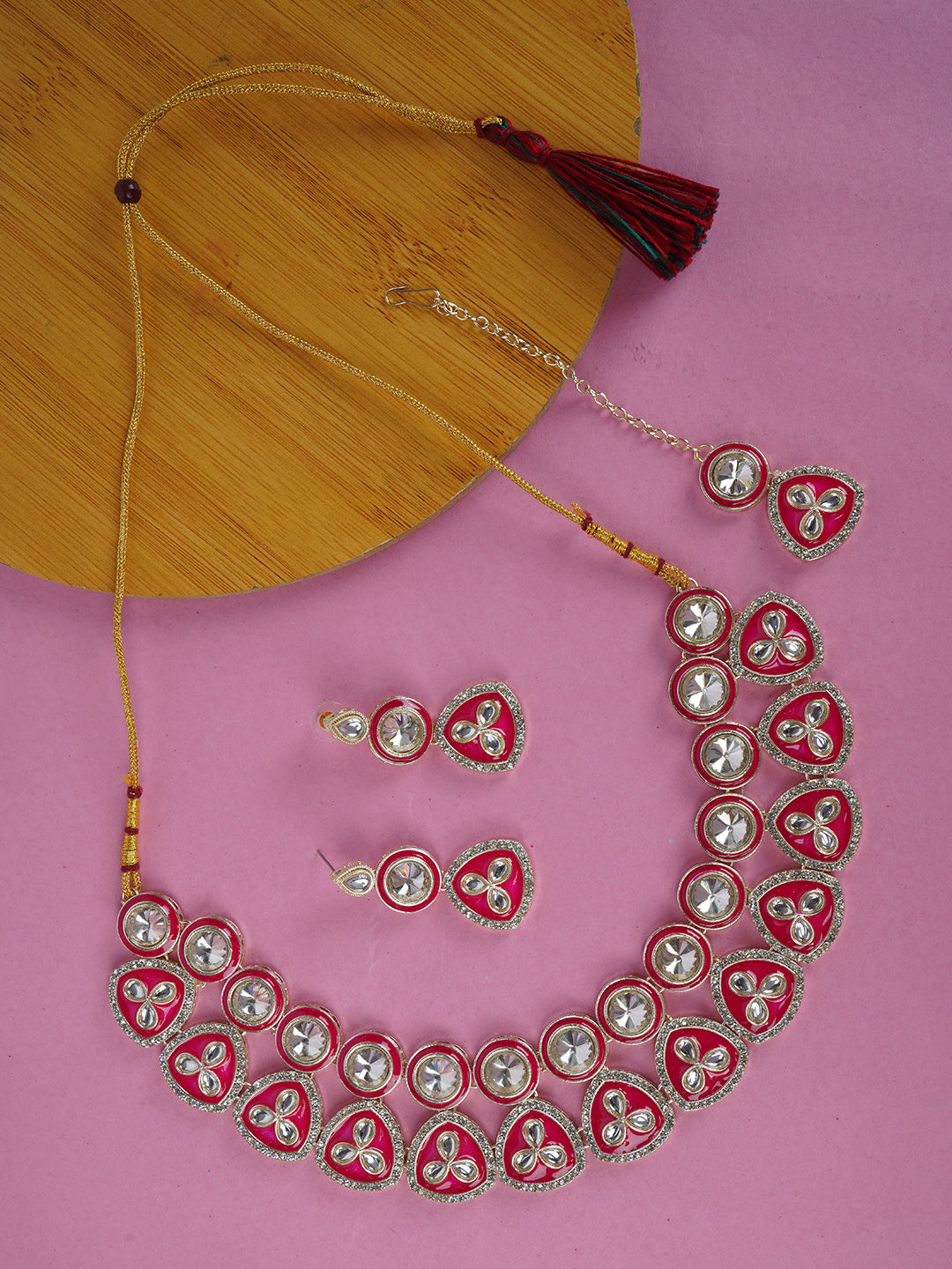 Divisha Alloy Gold-plated Pink Meena Western Jewellery Set | Grocsy
