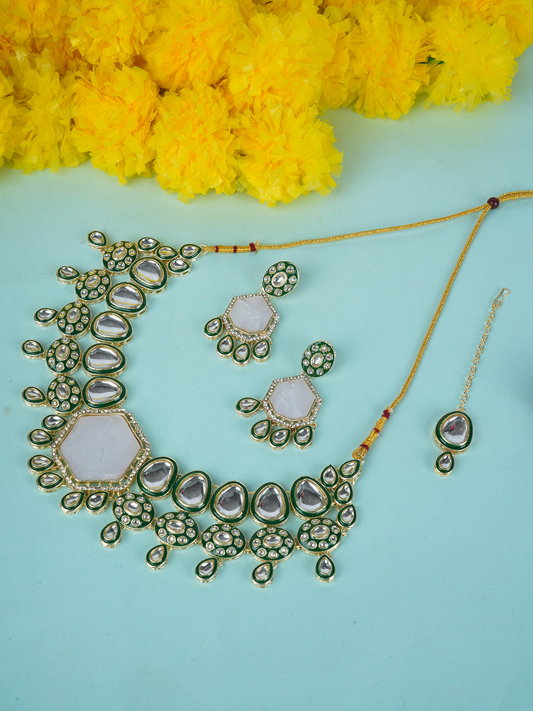 Divisha Alloy Gold-plated Green Meenakari Heavy Jewellery Set | Grocsy