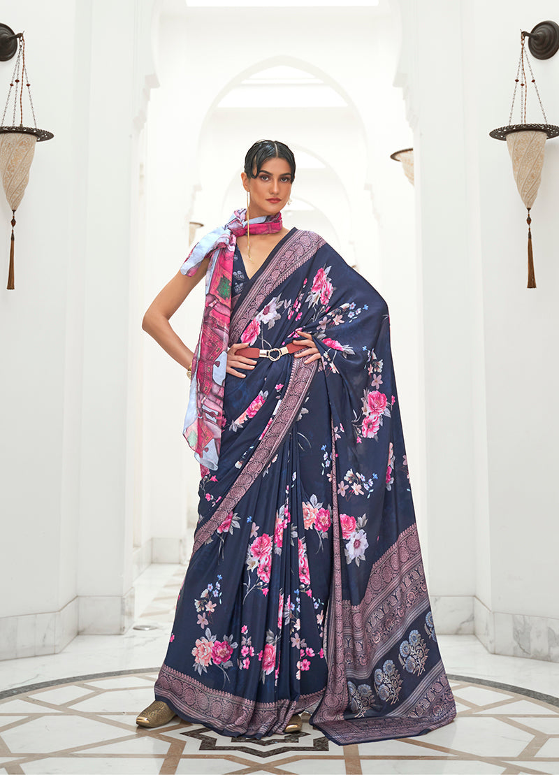 Monjolika Fashion Navy Blue Colour Classic Digital Printed Crepe Silk Saree | Grocsy