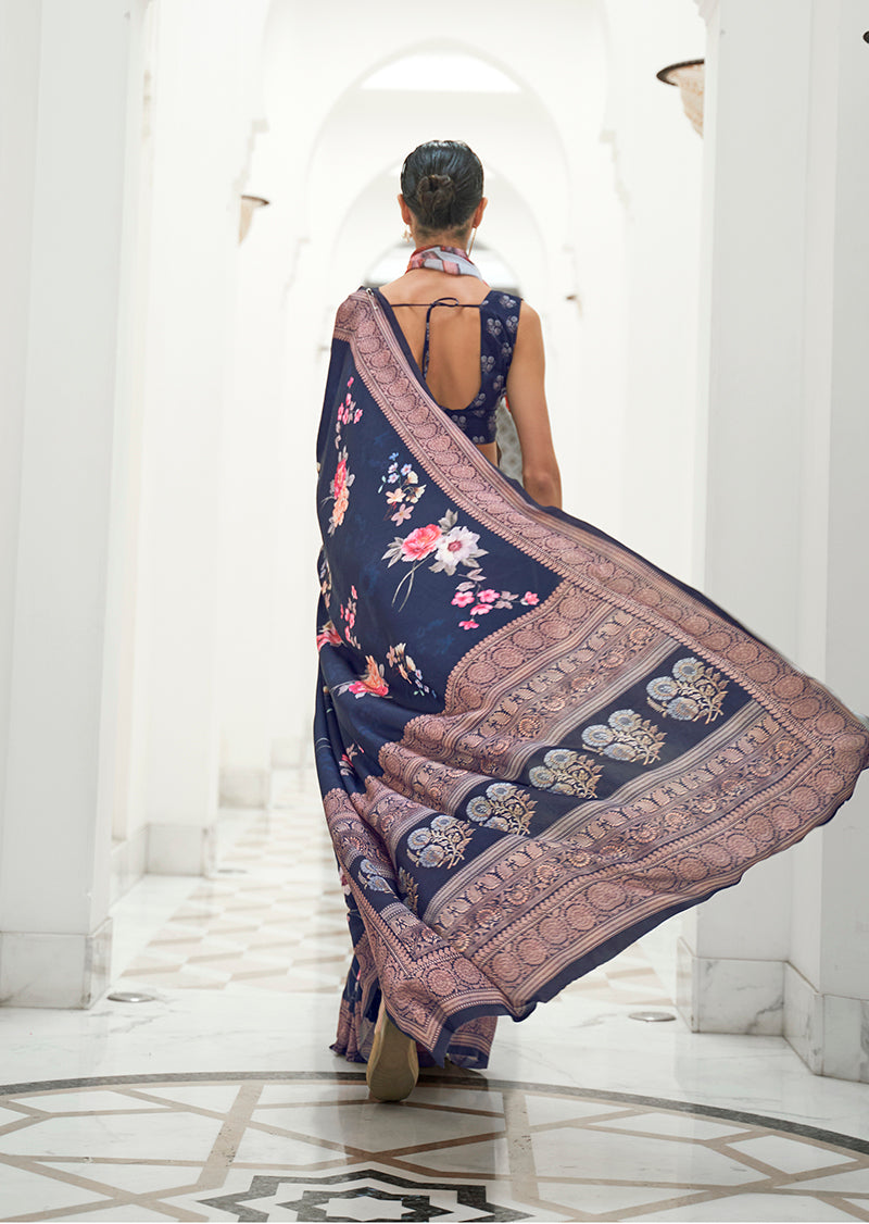 Monjolika Fashion Navy Blue Colour Classic Digital Printed Crepe Silk Saree | Grocsy